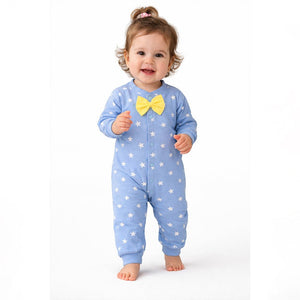 Blue Star Print with Yellow Bow Winter Full Sleeves Jumpsuit Romper for Tiny Toddlers - 3 - 6 Months Kids Clothing