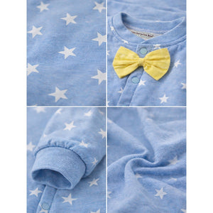 Blue Star Print with Yellow Bow Winter Full Sleeves Jumpsuit Romper for Tiny Toddlers - 3 - 6 Months Kids Clothing