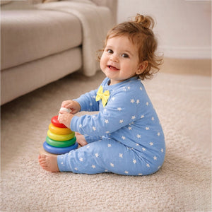 Blue Star Print with Yellow Bow Winter Full Sleeves Jumpsuit Romper for Tiny Toddlers - 3 - 6 Months Kids Clothing