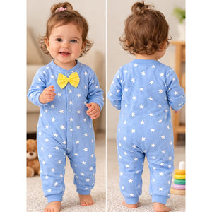 Blue Star Print with Yellow Bow Winter Full Sleeves Jumpsuit Romper for Tiny Toddlers - 3 - 6 Months Kids Clothing