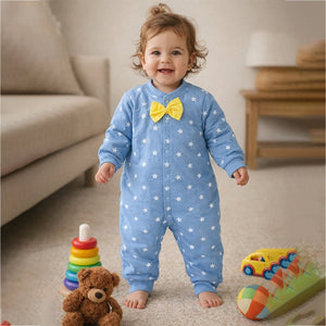 Blue Star Print with Yellow Bow Winter Full Sleeves Jumpsuit Romper for Tiny Toddlers - 3 - 6 Months Kids Clothing