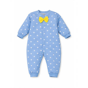 Blue Star Print with Yellow Bow Winter Full Sleeves Jumpsuit Romper for Tiny Toddlers - 3 - 6 Months Kids Clothing