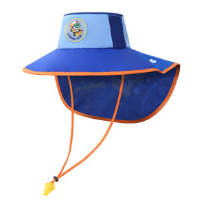 Blue Summer& Beach Cap with wide neck flap for Kids with windproof string - 3 - 9 years Swim