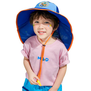 Blue Summer& Beach Cap with wide neck flap for Kids with windproof string - 3 - 9 years Swim