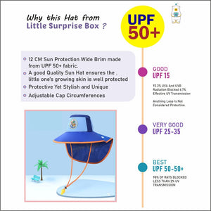 Blue Summer& Beach Cap with wide neck flap for Kids with windproof string - 3 - 9 years Swim