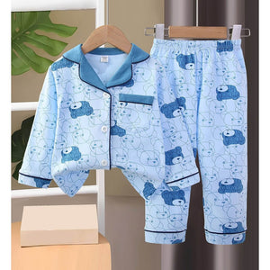 Blue Teddy Face soft Cotton Kids Nightsuit - 1 - 2 Years Nightsuits
