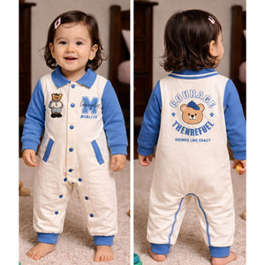 Blue Teddy Varsity Style, Full Sleeves Jumpsuit Romper for Tiny Toddlers - 6 - 12 Months Kids Clothing