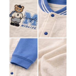 Blue Teddy Varsity Style, Full Sleeves Jumpsuit Romper for Tiny Toddlers - 6 - 12 Months Kids Clothing