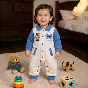 Blue Teddy Varsity Style, Full Sleeves Jumpsuit Romper for Tiny Toddlers - 6 - 12 Months Kids Clothing