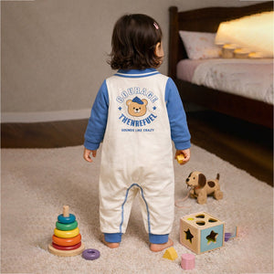 Blue Teddy Varsity Style, Full Sleeves Jumpsuit Romper for Tiny Toddlers - 6 - 12 Months Kids Clothing