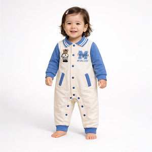 Blue Teddy Varsity Style, Full Sleeves Jumpsuit Romper for Tiny Toddlers - 6 - 12 Months Kids Clothing