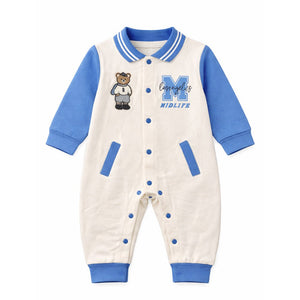 Blue Teddy Varsity Style, Full Sleeves Jumpsuit Romper for Tiny Toddlers - 6 - 12 Months Kids Clothing