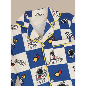 Blue & White checkered Space soft Cotton Kids Nightsuit - 3 - 4 Years Nightsuits