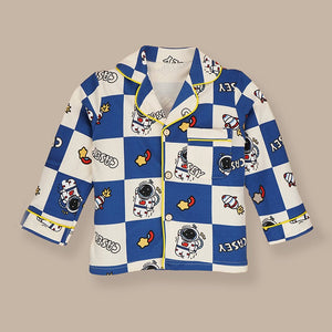 Blue & White checkered Space soft Cotton Kids Nightsuit - 3 - 4 Years Nightsuits