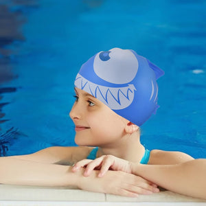 Blue & White Jaw Fish , Silicone Kids Swim Cap, 5 years - 15 years - 5 - 15 years Swim