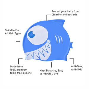 Blue & White Jaw Fish , Silicone Kids Swim Cap, 5 years - 15 years - 5 - 15 years Swim
