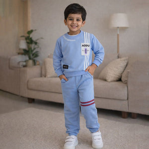 Blue & White Stripes 2pcs Fleece Winter Tracksuit Set for Kids - 2 - 3 Years Kids Clothing