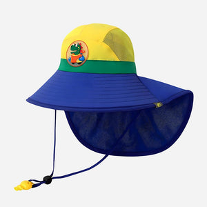 Blue & Yellow Dino Patch Breathable Mesh Wide Brim Sun Hat for Kids & Toddlers with Adjustable Strap - 2 - 5 Years Swim