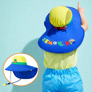 Blue & Yellow Dino Patch Breathable Mesh Wide Brim Sun Hat for Kids & Toddlers with Adjustable Strap - 2 - 5 Years Swim