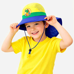 Blue & Yellow Dino Patch Breathable Mesh Wide Brim Sun Hat for Kids & Toddlers with Adjustable Strap - 2 - 5 Years Swim