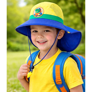 Blue & Yellow Dino Patch Breathable Mesh Wide Brim Sun Hat for Kids & Toddlers with Adjustable Strap - 2 - 5 Years Swim
