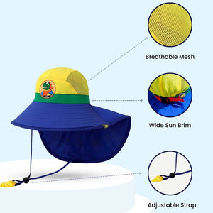 Blue & Yellow Dino Patch Breathable Mesh Wide Brim Sun Hat for Kids & Toddlers with Adjustable Strap - 2 - 5 Years Swim
