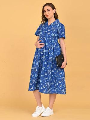 Model posing with Bluebell Beauty Maternity And Nursing Dress styled with white sneakers and black sling bag