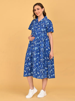 Side view of Bluebell Beauty Maternity And Nursing Dress highlighting flowy silhouette and maternity fit