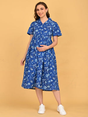 Front angle of Bluebell Beauty Maternity And Nursing Dress with collared neckline and short sleeves