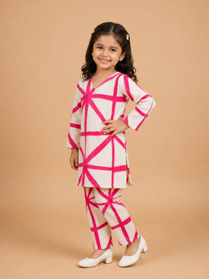 Blush Grid Girls Anarkali Kurta Set - 0-6 Months Girls Ethnic Set