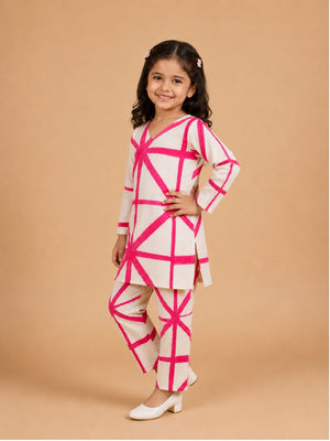 Blush Grid Girls Anarkali Kurta Set - 0-6 Months Girls Ethnic Set