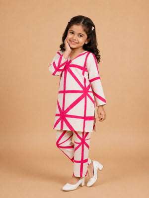 Blush Grid Girls Anarkali Kurta Set - 0-6 Months Girls Ethnic Set