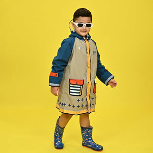 Bold Geometric print Beige & Blue Raincoat for Kids - Little Surprise BoxBold Geometric print Beige & Blue Raincoat for Kids
