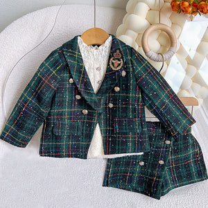 Bottle Green Scottish Style Tweed 2 pcs, Jacket and Shorts Winterwear set for Girls. - 3 - 4 Years Winter Wear