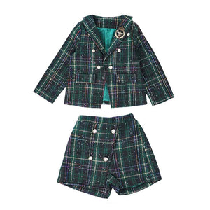 Bottle Green Scottish Style Tweed 2 pcs, Jacket and Shorts Winterwear set for Girls. - 3 - 4 Years Winter Wear
