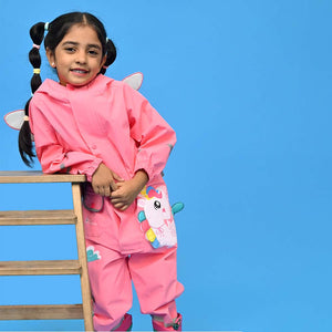 Bright Pink Magical Unicorn Theme All Over Jumpsuit / Playsuit Raincoat for Kids - 3 - 4 Years Monsoon Wear