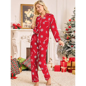 Bright Red Snowflakes & Candycanes Christmas Printed Nightsuit Set for Adults, Unisex - S Christmas