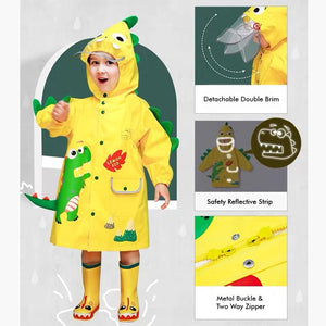 Bright Yellow 3d Dino Theme Raincoat for Kids - 3 - 4 Years Monsoon Wear