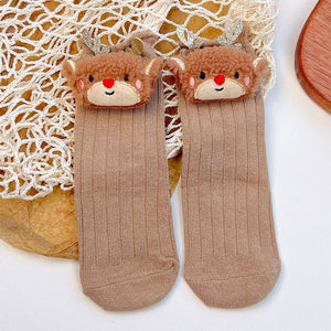 Brown 3D Baby Reindeer Christmas Themed Ankle Length Socks For Kids - 2 - 4 Years Christmas