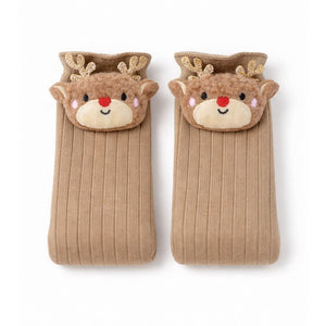 Brown 3D Baby Reindeer Christmas Themed Ankle Length Socks For Kids - 2 - 4 Years Christmas
