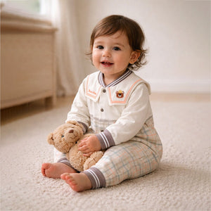 Brown and Cream Sailor Collar Brave Bear Full Sleeves Jumpsuit Romper for Tiny Toddlers - 6 - 12 Months Kids Clothing