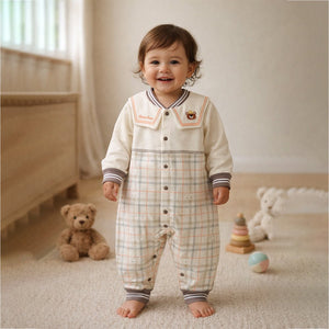 Brown and Cream Sailor Collar Brave Bear Full Sleeves Jumpsuit Romper for Tiny Toddlers - 6 - 12 Months Kids Clothing
