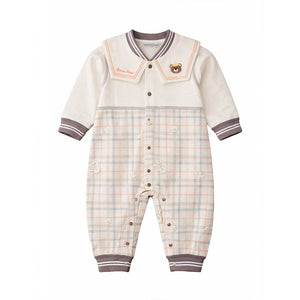Brown and Cream Sailor Collar Brave Bear Full Sleeves Jumpsuit Romper for Tiny Toddlers - 6 - 12 Months Kids Clothing