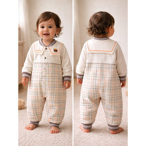 Brown and Cream Sailor Collar Brave Bear Full Sleeves Jumpsuit Romper for Tiny Toddlers - 6 - 12 Months Kids Clothing