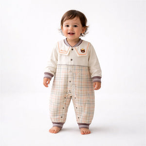 Brown and Cream Sailor Collar Brave Bear Full Sleeves Jumpsuit Romper for Tiny Toddlers - 6 - 12 Months Kids Clothing