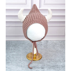 Brown Baby Horns Knitted soft Woolen Winter Cap with tie up, 6 - 18 months - 6 - 18 Months Winter Wear