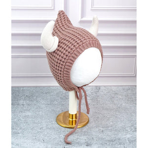 Brown Baby Horns Knitted soft Woolen Winter Cap with tie up, 6 - 18 months - 6 - 18 Months Winter Wear