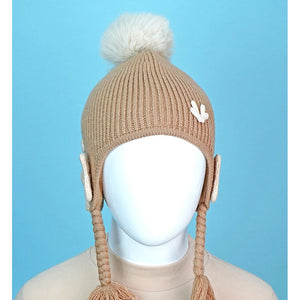 Brown Butterfly Knitted soft Woolen Winter Cap with tie up, 6 - 18 months - 6 - 18 Months Winter Wear