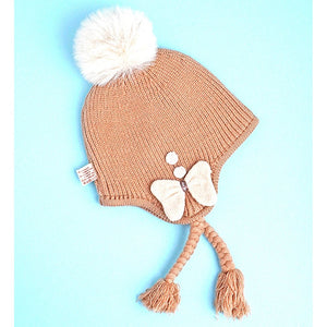 Brown Butterfly Knitted soft Woolen Winter Cap with tie up, 6 - 18 months - 6 - 18 Months Winter Wear