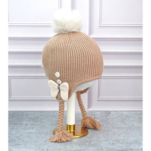Brown Butterfly Knitted soft Woolen Winter Cap with tie up, 6 - 18 months - 6 - 18 Months Winter Wear